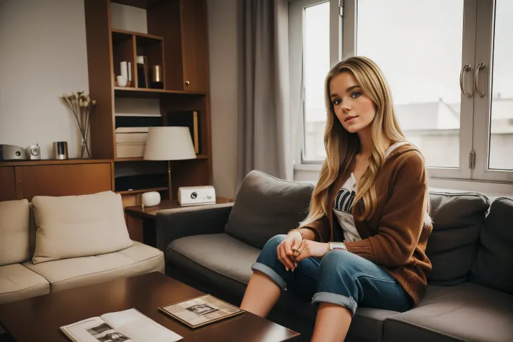 Berlin, 2014. ((((35-year-old)) Clara)), at home, cozy living room, ((((casual clothings from the 2010s)))), ((dark-blonde hairstyle of the 2010s))