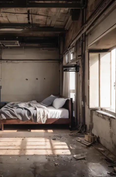 (highest quality, 8K, masterpiece, )), A bed in an abandoned factory２Two、View from the side