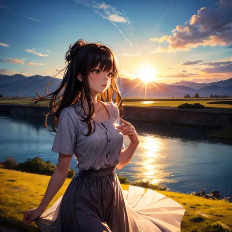 sun，girl，landscape