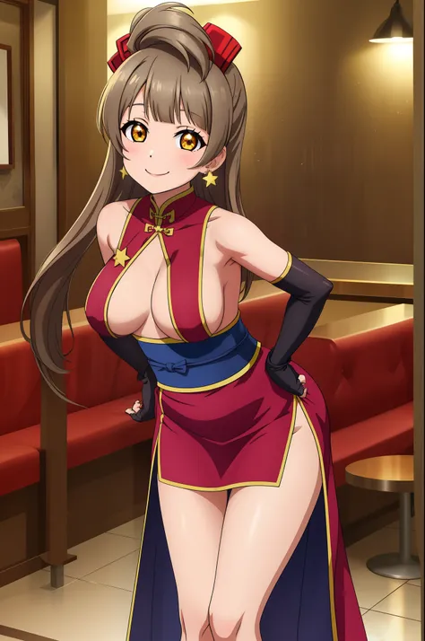 Minami kotori, cowboy shot,solo, breasts, looking_at_viewer, smile, large_breasts, gloves, dress, bare_shoulders, jewelry, standing, thighs, earrings, shorts, sleeveless, alternate_costume, fingerless_gloves, bent over, star_(symbol), hands on hips, sash, ...