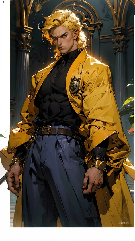 A man with short orange-yellow hair, messy hair ends, middle part long bangs, orange-yellow eyebrows, a furrowed brow, a focused gaze, a fantasy martial arts-style black-purple long robe with an openwork design revealing a plain undershirt, long sleeves, a...