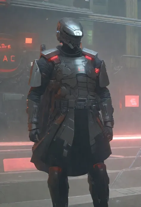 4k, high-res, masterpiece, best quality,  Helmet with a tactical armour, Black Cape, Visor, Shoulder pads, Utility belt, Cyberpunk, 