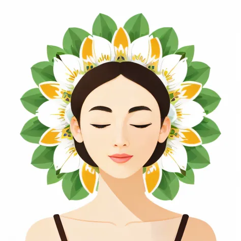 (best quality,flat design,white background,nature,natural scenery,meditation,woman,serene face,tranquil atmosphere,peaceful landscape,detailed flower patterns)