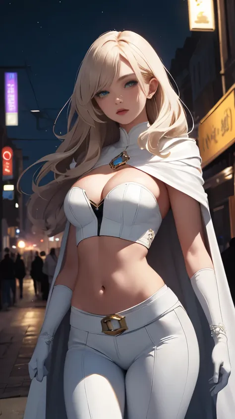 (Highly quality, masterpiece, detailed), night city detailed scenario, night city detailed background, solo, Emma_MA_XL, 1 woman, white opera gloves, white leather bodice, midriff, white cape, belt, white leather pants, beautiful eyes, look at the viewer, ...