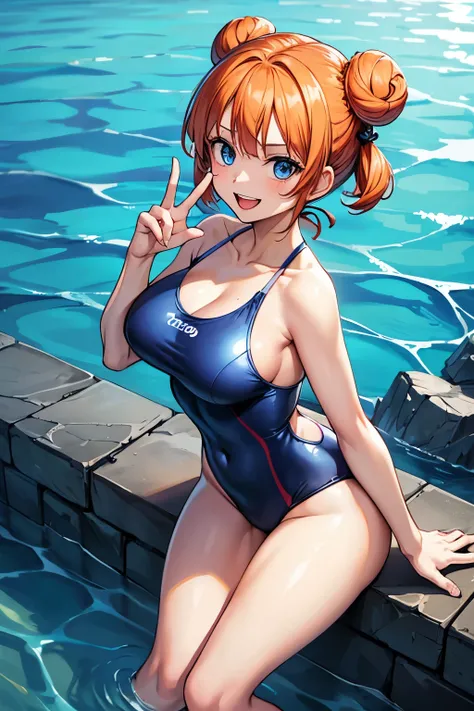 (masterpiece), best quality, expressive eyes, perfect face, 1girl, solo, tomboy, mature female, big breasts, short hair, Cleavage, orange hair BREAK hair buns, double buns, blue eyes BREAK one piece swimsuit, swimsuit, swimming, coral reef, underwater, smi...