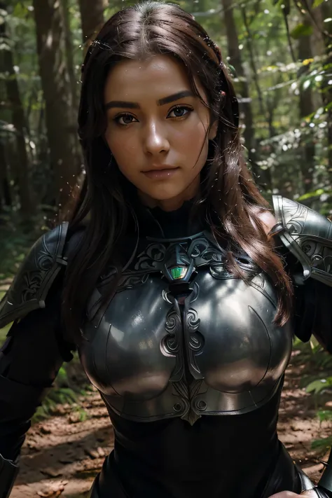 a sserafimsakura, perfect eyes, (ultra realistic:1.5), (standing in forest:1.2), (close-up photo:1.5), (black paladin armor:1.2), (intricate:1.2), (looking at camera:1.2), (best quality:1.2), 