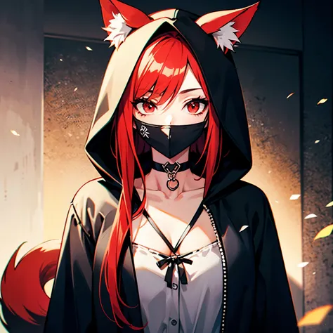 red hair long hair　red eyes　fox ears　choker　hood