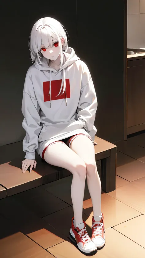 height 120, red eyes, white hair, pale white skin, wearing a white hoodie jacket, wearing black shorts, sitting pose, inside the house, warm lighting.
