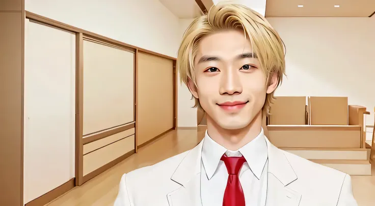 an asian man, smirking, with blonde hair, green eyes, white suit, red tie, UHD