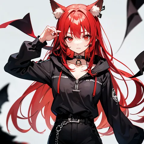 red hair long hair　red eyes　fox ears　choker　anime