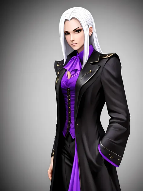 Girl, vampire, very tall. White hair and purple eyes. Black hands with long nails. Dukes suit, padded cloak 