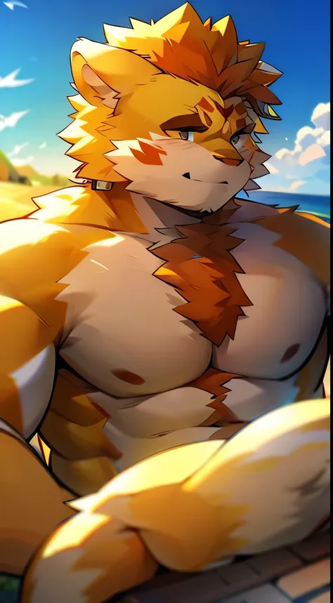 furry art, Hairy, thick fuzz on neck and chest, hairy chest, Strong chest, Firmware version, White lion, hairy body, high resolution committee, pov furry art, furry lion, human lion, Light hair, hairy body