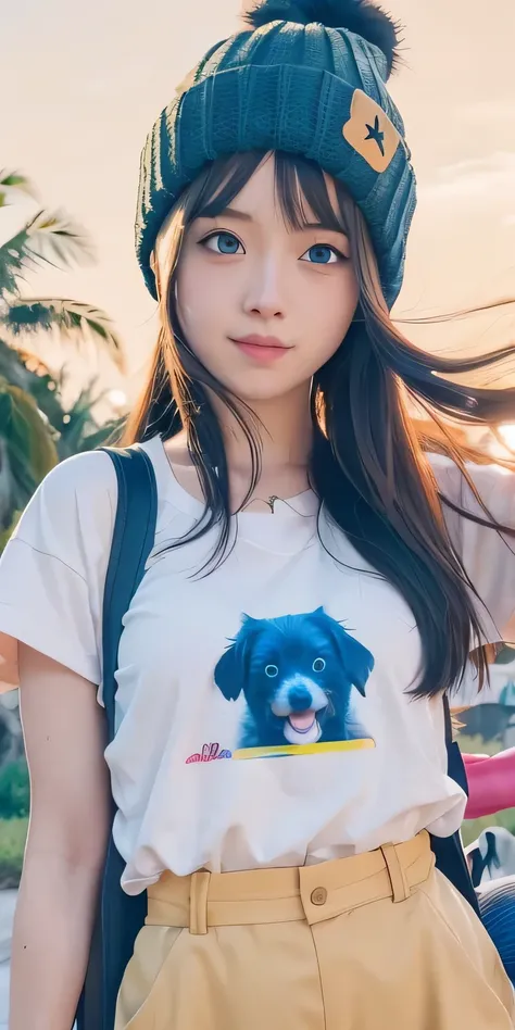 anime girl with a (((yellow backpack))) and (((four dogs in a field of coconut trees))), ((((blue eyes girl)))), (((The girl is wearing a beanie))), cute detailed digital art, adorable digital painting, ((((camera a front of character)))), artwork in the s...