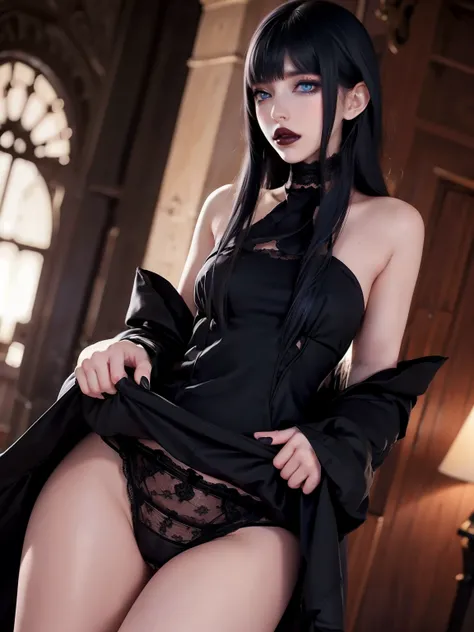 Gaia, pale skin, detailed, makeup, black lips, (blue eyes), bangs, eyeshadow, black fingernails, dress, skirtlift, indoors, sfw, lace panties, dark lips