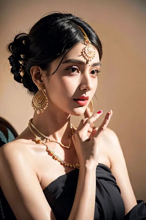 arafed woman in a sari with a necklace and a necklace, intricate set, adorned with precious stones, wearing intricate, intricate jewellery, with intricate details, intricate outfit, wearing elegant jewellery, intricate details. front on, black jewellery, d...