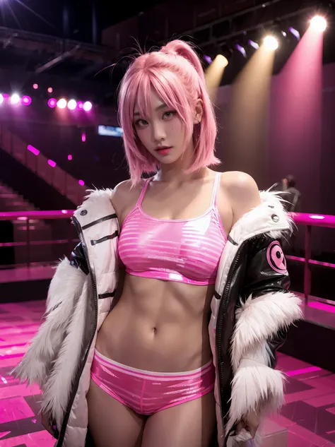 Photo of unaware female wearing sexy rave party outfit, feathered jacket, pink hair, wide eye,  lights, indoor, high saturation, soft focus, hyper details, cinematic lighting, concept art