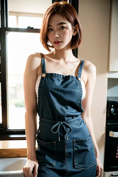 a closeup portrait of a girl, classic bob, apron, amazing body, pronounced feminine feature, busty, kitchen, [ash blonde | ginger | pink hair], freckles, flirting with camera