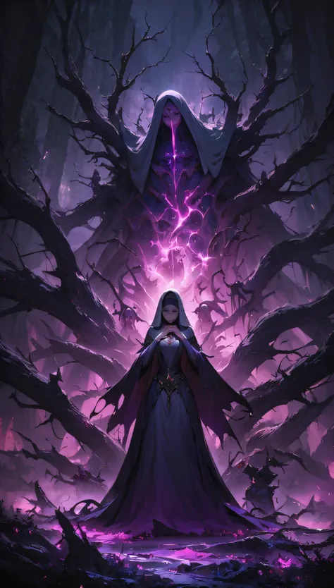 (best quality, masterpiece), dark fantasy world, nun of Fallen God, pray near broken statue of her God, (eerie mist shrouding the ancient trees ,twisted and gnarled branches), (hints of magical aura,evoking a sense of mystery), (sinister and otherworldly, ...