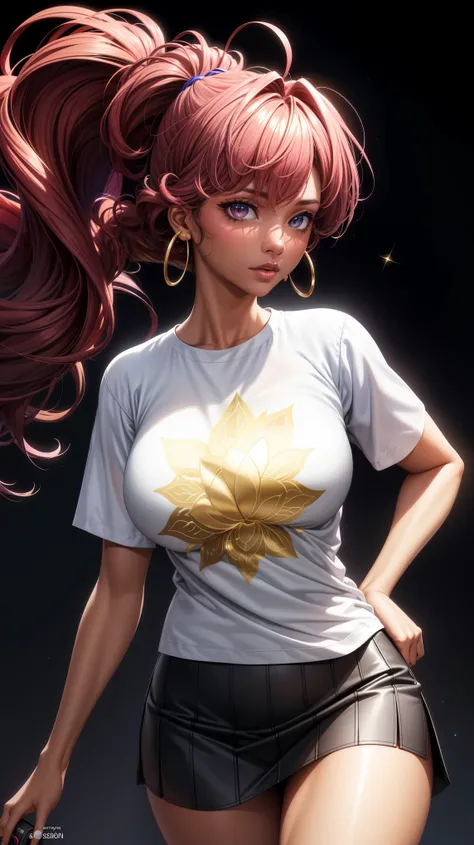 (best quality:1.5, highres, UHD, 4K, detailed lighting, shaders), curly floral haired, gradient hair, large breasts, suit, T-shirt, social shirt, short skirt, mature woman , (pov), white background, colorful eyeshadow, dramatic lighting, sparkling eyes, se...