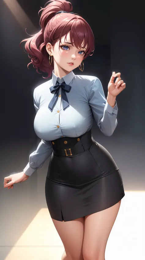 (best quality:1.5, highres, UHD, 4K, detailed lighting, shaders), (high quality eyes), ( perfect fingers),  curly floral haired, gradient hair, large breasts, suit, gray shirt, social shirt, short skirt, mature woman , (pov), white background, colorful eye...