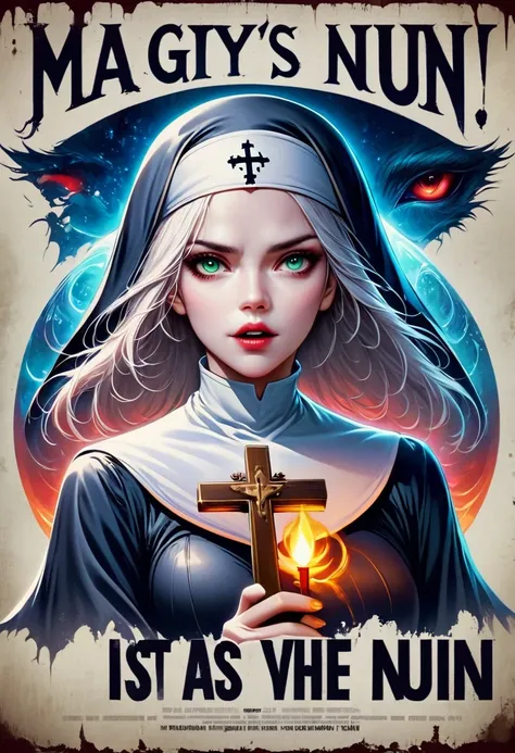 a poster of a nun holding a cross in her hands, an evil nun, nun, magic, official poster, horror movie poster,(Title says "nun":1.7),Movie Nine, horror poster, Gavin Nolan, movie poster with no text, Cleland Films, magic style, horror movie poster, movie p...