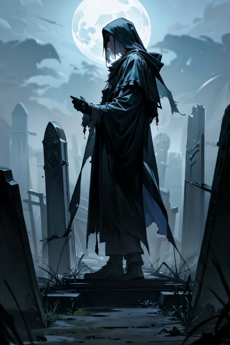 A lone figure stands amidst the crumbling ruins of an ancient graveyard, surrounded by mist and moonlight. The necromancer, clad in tattered robes, raises his hands towards the heavens, a look of determination mixed with sorrow on his face. Behind him, tom...