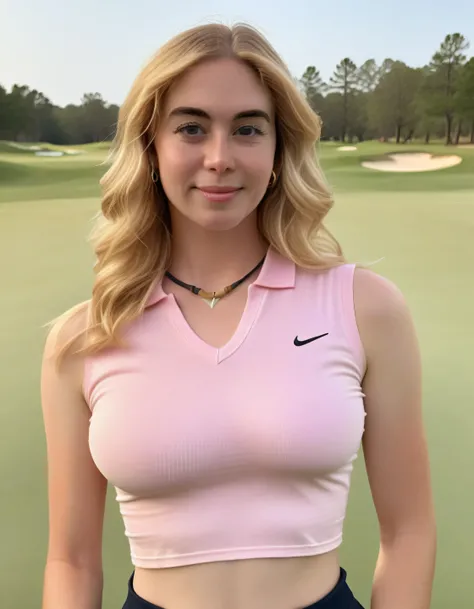 portrait photo of grcchrs woman, makeuo, looking directly at camera, dramatic light, on a golf course, big chest, wearing a pink V-Neck Rib Crop Top