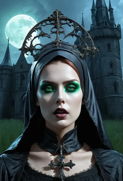 (dark fantasy), (Super wide angle moonlight), Gothic castle front, Skeleton Nun (bow your head, Wearing ragged nun clothes，green eyes, open mouth) ,  concept digital art, Sky blue and gray, (masterpiece, best quality, ultra high definition, Very detailed, ...