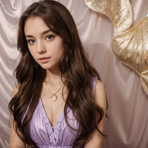 Girl with Long Wavy Brown Hair with Brown Siren Eyes wearing Purple Dress with Pearl Accents and a Gold Seashell Necklace in Anime Style