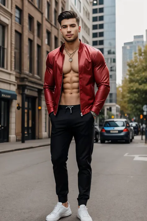 1boy,male focus,jacket,solo,jewelry,shirt,black hair,open jacket,open clothes,short hair,outdoors,looking at viewer,necklace,pants,black shirt,red jacket,closed mouth,artist name,covered abs,hands in pockets,pectorals,black pants,muscular,off shoulder,city...