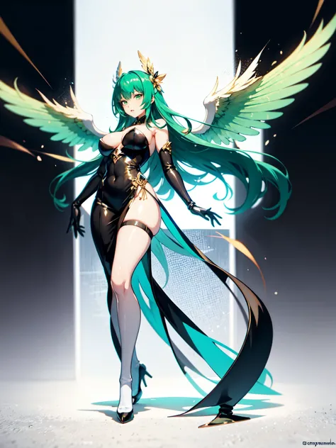 1girl, anime, solo, long hair, emerald colored hair, green eyes, one golden wing, curvy body, black tight dress, black heels with white straps, translucent long socks