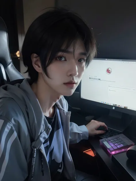 hay un joven sentado en el escritorio de una computadora con un teclado, Cai Xu Kun, handsome japanese demon boy, pintar ulzzang, kanliu666, contraction serpentine / jugador ludwig, sakimichan, foto de perfil 1024px, jinyoung shin, contraction serpentine, ...