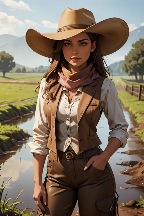 portrait of beautiful women in muddy farm:1.2 , cowboy hat, fringed waistcoat , trousers, scarf , confidence , medium breast,