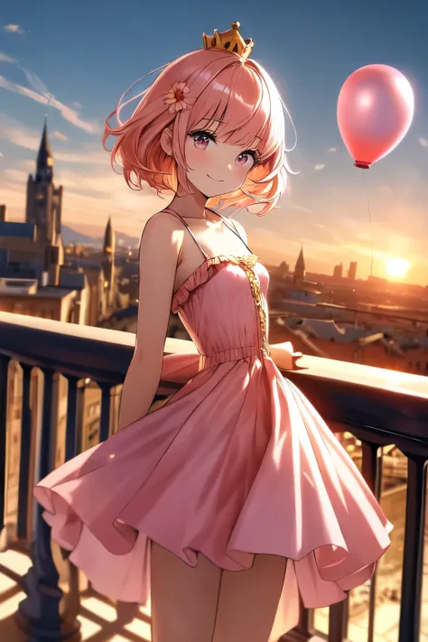 (masterpiece, best quality:1.2), (absurdres, highres, ultra-detailed), (perfect anatomy), 1girl , balcony , sunset , ballon flyi...