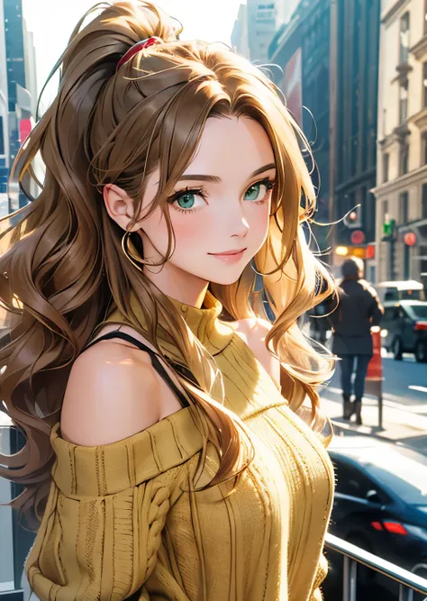 best quality, masterpiece, high resolution, Female((30-years old)), hair((Wavy, Golden brown)), Eyes((smart Eyes, Green)), knit Clothes((New York Fashion Week, light yellow)), Smiling, Breast Out, Ponytail, Accessories, bare shoulder
