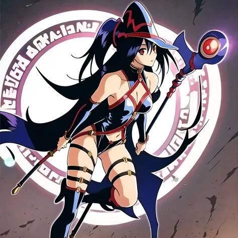 (masterpiece, best quality:1.2), 1girl, solo, long hair, black hair, thigh strap, body suit, straps, magic circle, red eyes, holding wand, black clothes, eyeliner, wizard hat, DMG of Chaos, full body