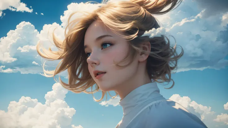 masterpiece, best quality, movie still, 1girl, floating in the sky, cloud girl, cloud, (close-up:1.1), bright, happy, fun, soft lighting, (Bauhaus, shapes, lines, abstract,