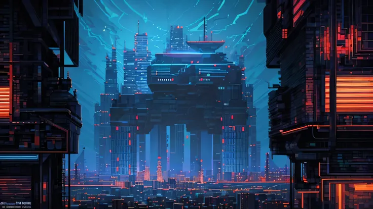 in a cyberpunk scenario depicted in pixel art, the skyline at night in a city is a stunning and intricate sight. the scene is se...