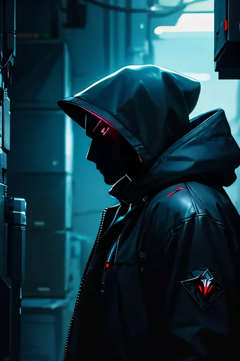 one powerful mysterious men with hood, dark colors, cyberpunk, side profile