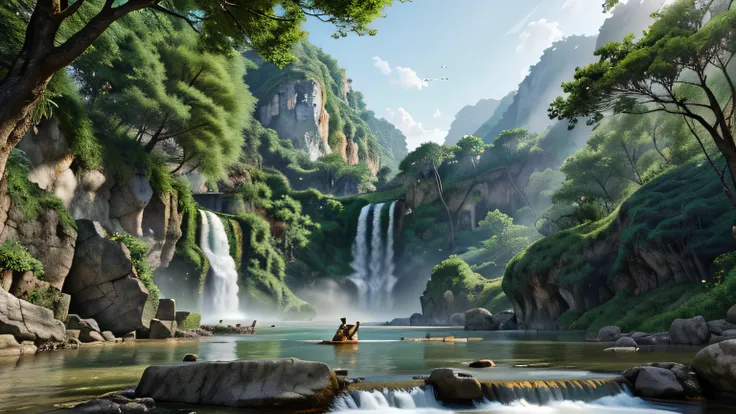 Chinese ancient times, spring, jungle, lake, cave, waterfall, tree, meadow, rock, deer, hot spring, water vapor, (illustration: 1.0), epic composition, realistic lighting, HD details, masterpiece, best quality, (very detailed CG unified 8k wallpaper)