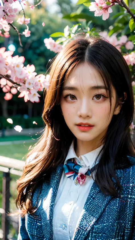 graduation ceremony、high school girl、uniform 、navy blue blazer、Cherry tree in full bloom、Cherry blossom confetti、perfect proportions、cute、((18 year old female:1.2))、young adorable japanese face，official art，Highly detailed CG Unity 8K wallpaper，（masterpiec...