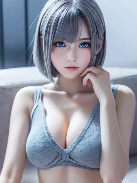 18 year old female，gray hair，short bob，Blue eyes，very huge breasts，perfect hands，((3D anime style))，