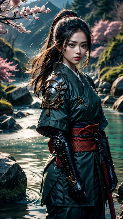 1 girl, upper body, single focus, enigmatic beauty, Samurai armor, katana in hand, (feudal Japan landscape: 1.4), (code of Bushido whispers: 1.3), enigmatic features, disciplined aura, [depth of field, ambient lighting, cherry blossoms foreground, honorabl...