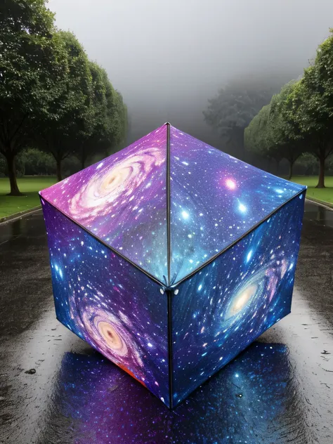 big galaxy cube, in rain, falling rain, galaxy pattern cube, umbrella