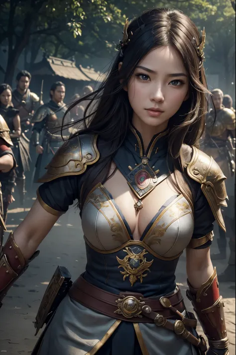 8K,Female warrior on the battlefield,Japanese samurai armor,Super beautiful(like the real thing),perfect face,Perfect hand shape,Charm,Volume measurement,Body balance,ultra high resolution,super realistic skin,Digital single-lens reflex camera, soft lighti...