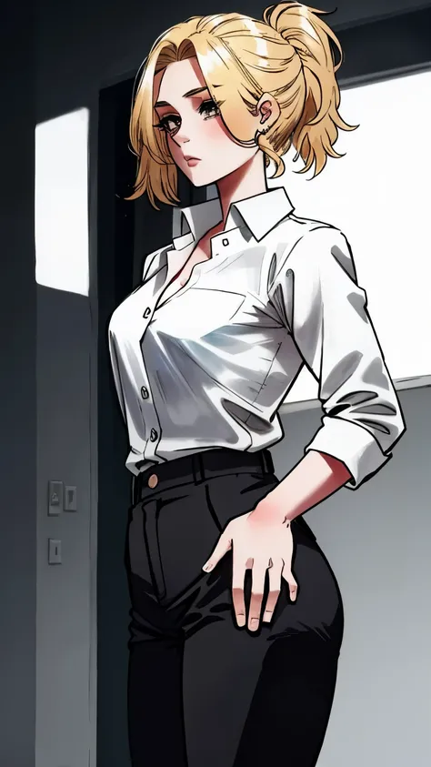 girl with blond hair, in an unbuttoned shirt and trousers, ass