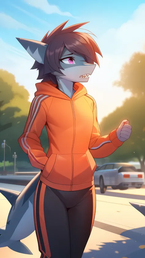 Best quality, Super detailed illustration, Warm tones, perfect lighting, perfect detail, (anthro shark boy:1.4), feminine body, disheveled thick hair, dressed in a tracksuit for running, tired facial expression, of the park ,femboy ,small waist, wide hips,...