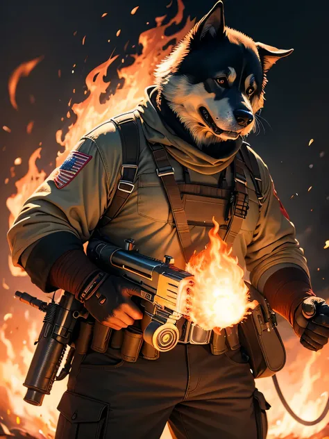 big dog with gun and flame thrower