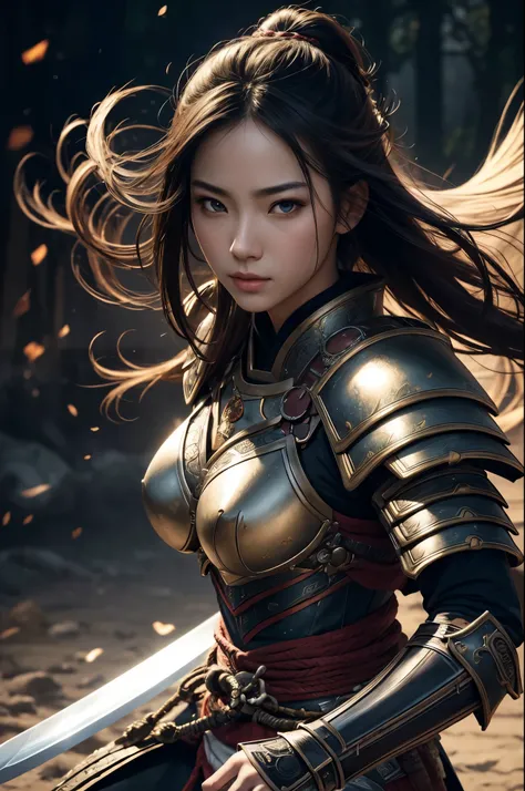 8K,Woman on the Battlefield,Japanese samurai armor,Super beautiful(like the real thing),perfect face,Perfect hand shape,Charm,Volume measurement,Body balance,ultra high resolution,super realistic skin,Digital single-lens reflex camera, soft lighting, high ...