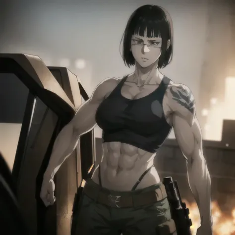 (best quality,ultra-detailed,realistic:1.37),musclaur military badass girl with sculpted body have a tattoos wearing tank top and wearing combat trousers , full review of the female characters face and body, intense expression, strong and confident posture...